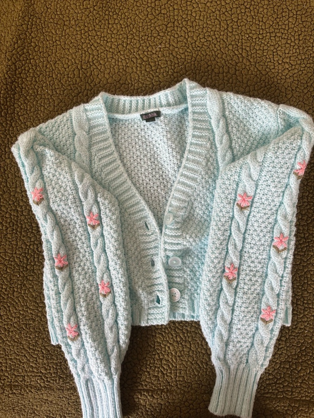 wild fable Light Blue Cable Knit Cardigan with Pink Flower Embroidery